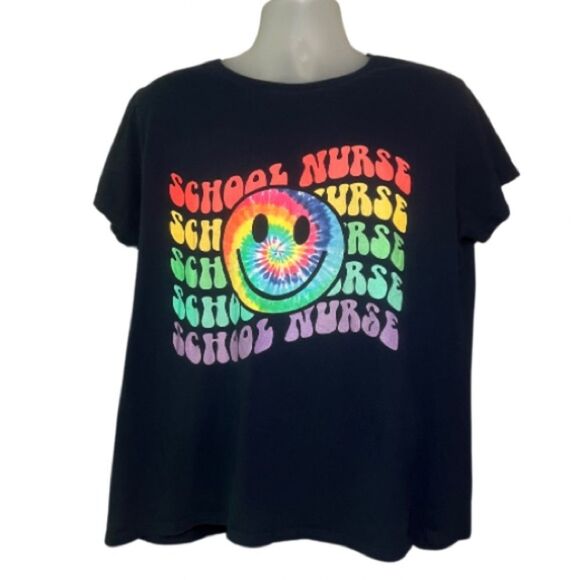 School Nurse Women's Size 2X Tie Dye Smiley Face Graphic Short Sleeve Tee Blue - Picture 1 of 3